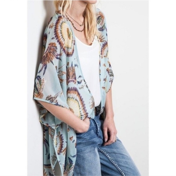 Umgee Cape Kimono Green Blue Paisley Lace Back S/M Sheer Boho Coverup Vest - Picture 2 of 9